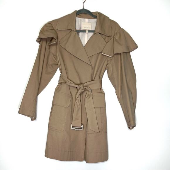 Rebecca Taylor Faille Ruffle Trim Trench Coat Medium EUC - Picture 2 of 12
